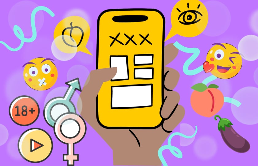 Illustration. Eine Hand hält ein Handy. Daneben fliegen einige Emojies umher: Zwinkersmiley, Smiley mit zugeklebtem Mund, Auberginen-Emoji, Pfirsich-Emoji, die Zeichen für Mann und Frau.