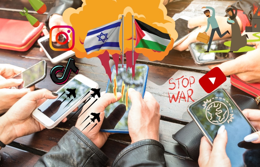 Collage: Mehrere Hände mit Smartphones, israelische und palästinensische Flaggen