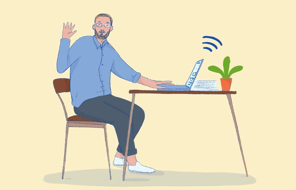 Illustration: Mann sitzt an einem Schreibtisch vor einem Laptop und winkt.