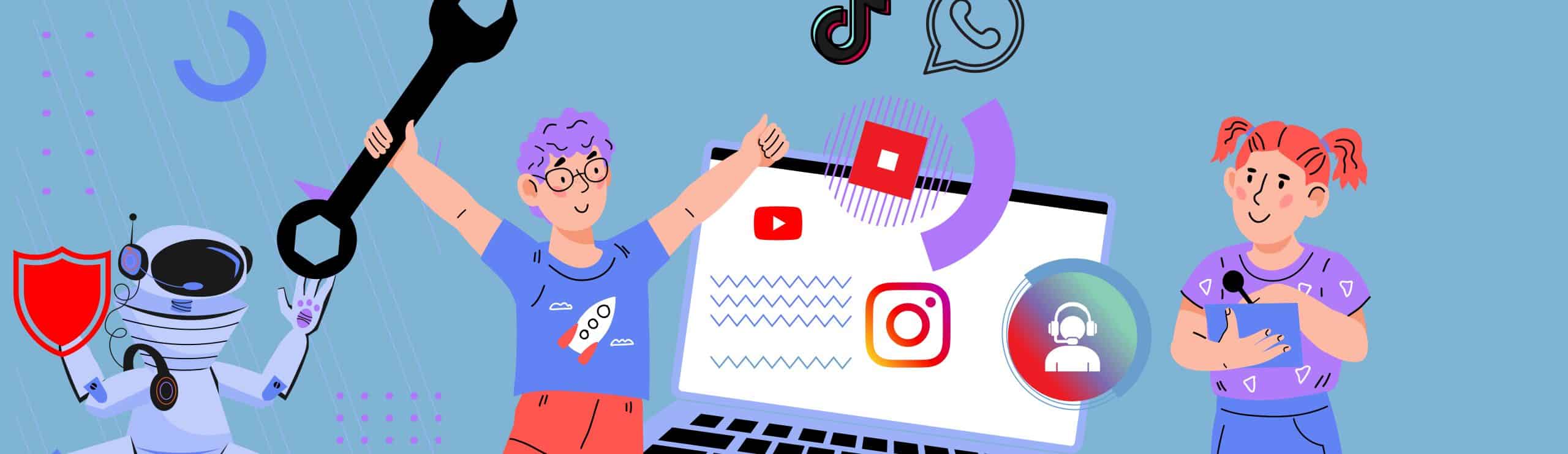 Illustration: Zwei Jugendliche vor überdimensionalem Laptop, über dem Logos diverser sozialer Netzwerke schweben. Ein Jugendlicher hält einen Schraubenschlüssel.
