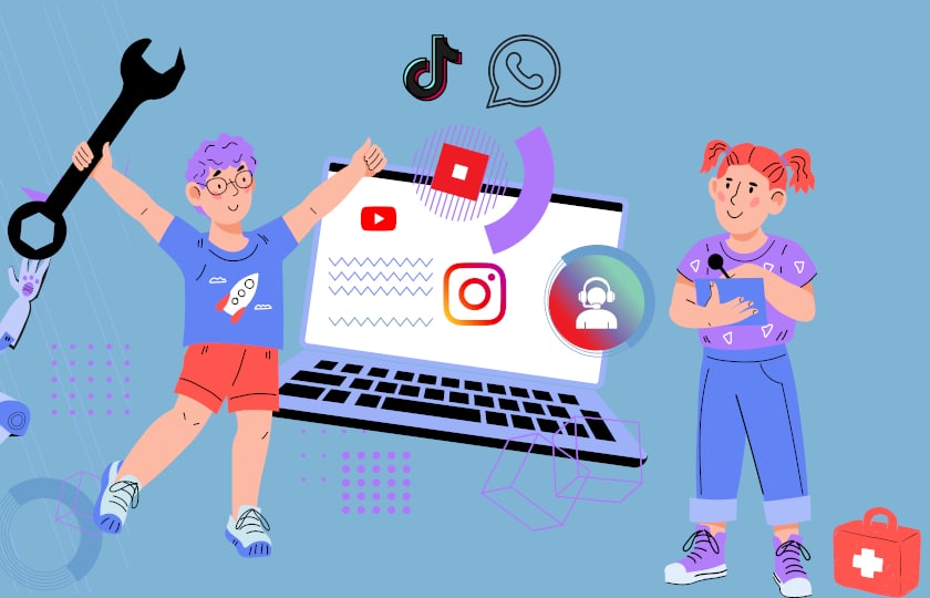 Illustration: Zwei Jugendliche vor überdimensionalem Laptop, über dem Logos diverser sozialer Netzwerke schweben. Ein Jugendlicher hält einen Schraubenschlüssel, zu den Füßen der anderen steht einer Erste-Hilfe-Koffer.