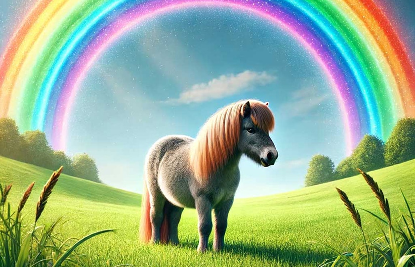 (test) A rainbow arches over a pony standing on a green meadow. The scene is vibrant with lush grass, a clear blue sky, and the colorful spectrum of the rainbow prominently visible above the pony.