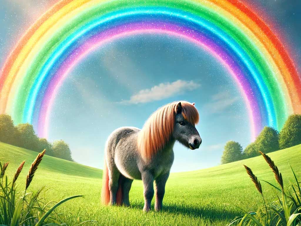 (test-big-picture) A rainbow arches over a pony standing on a green meadow. The scene is vibrant with lush grass, a clear blue sky, and the colorful spectrum of the rainbow prominently visible above the pony.