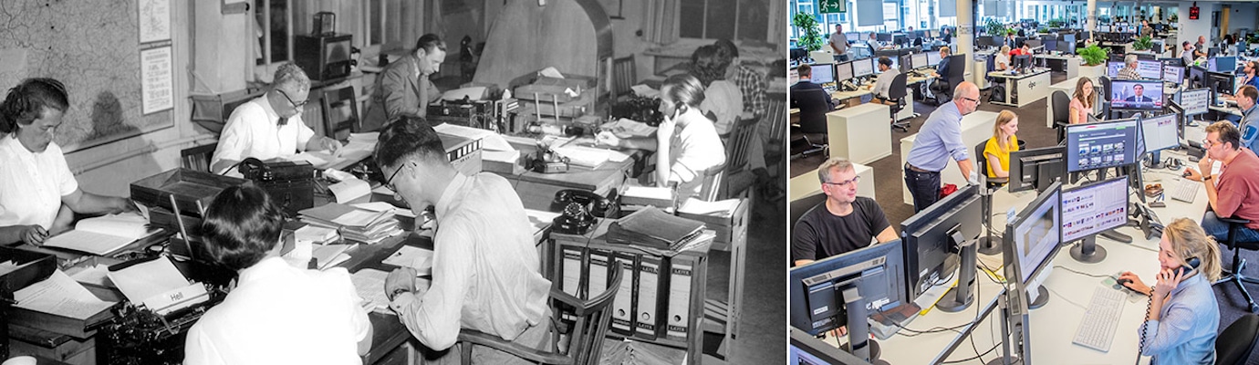 A look inside the dpa newsroom in 1956 and the newsroom in 2024