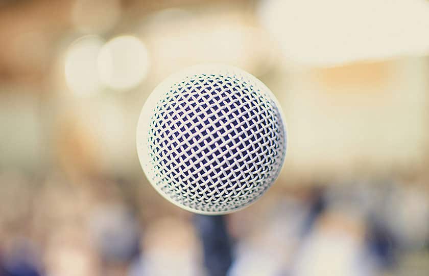 Microphone head in front of a blurred background