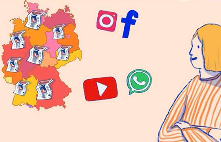 Illustration: Junge Person vor Deutschlandkarte mit Zeitungen sowie Logos von WahtsApp, YouTube, Fackbook und Instagram