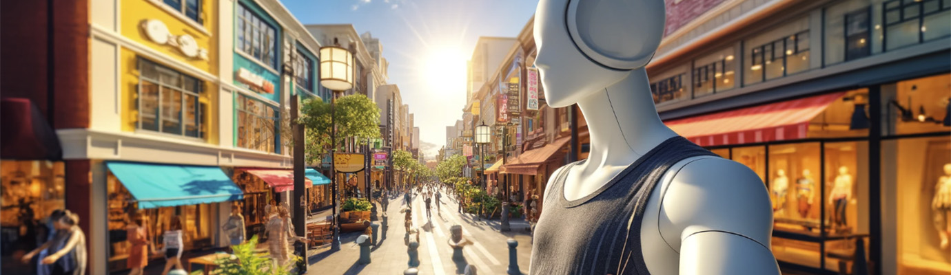 AI-generated image of a mannequin in a sunny shopping street with passers-by