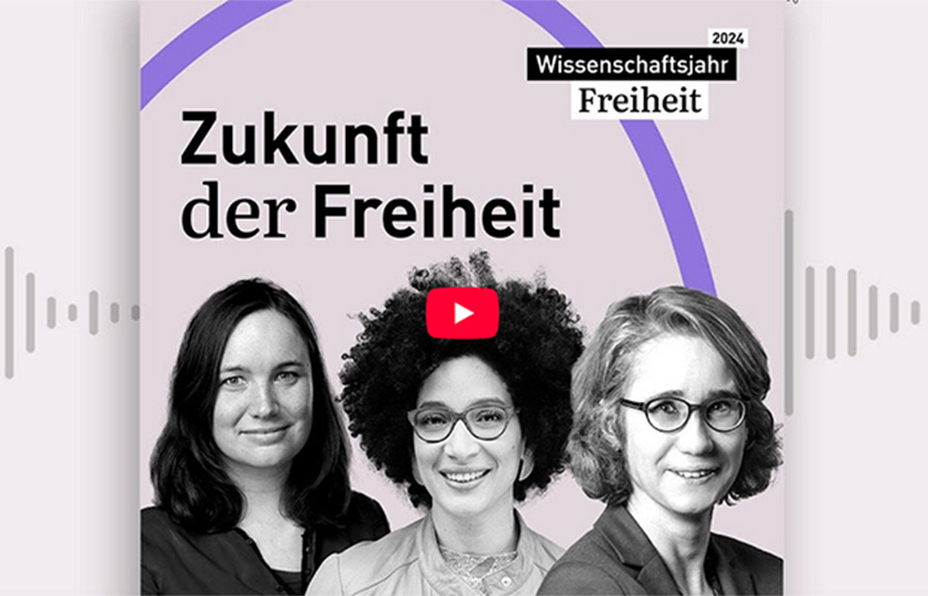 Cover des Podcasts "Freiheit" mit den Porträts der drei interviewten Professorinnen