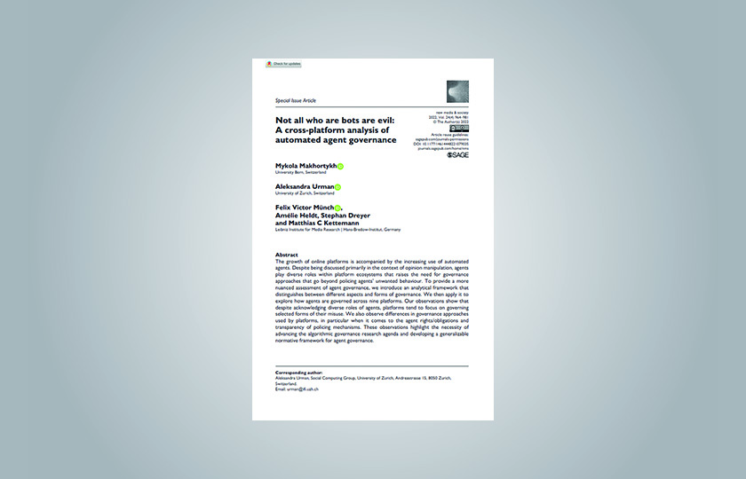 Deckblatt des Artikels "Not all who are bots are evil: 
A cross-platform analysis of 
automated agent governance"