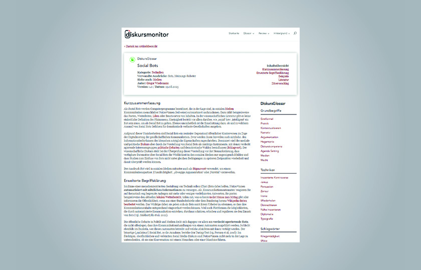 Screenshot of the website diskursmonitor, entry “Social Bots” by Gregor Wiedemann