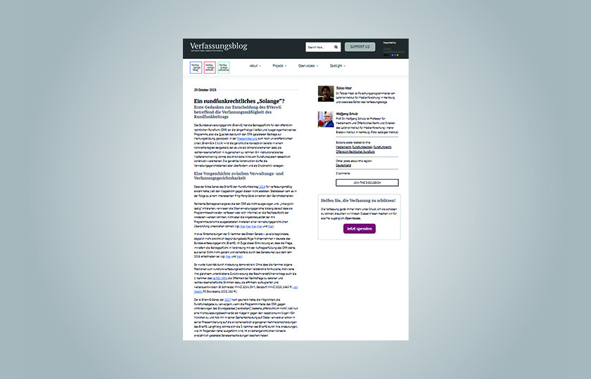 Screenshot of an article on the Verfassungsblog. Title of the article: “Ein rundfunkrechtliches ‘Solange’?” [An “As Long As" in Broadcasting Law?]