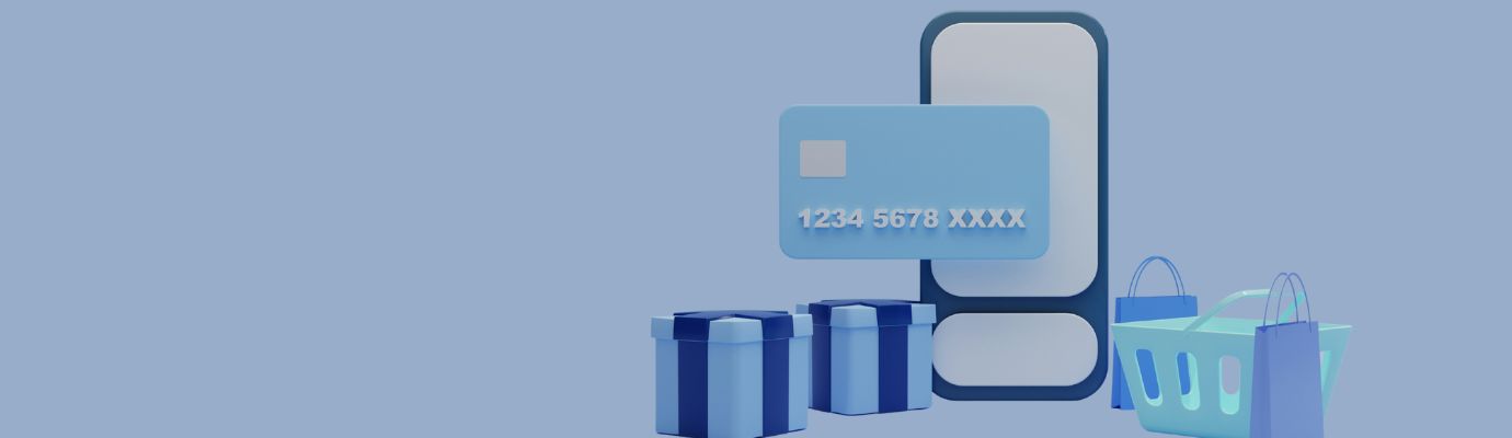 Digital illustration: Gifts, a credit card, a shopping basket, and a bag are placed in front of a cell phone.