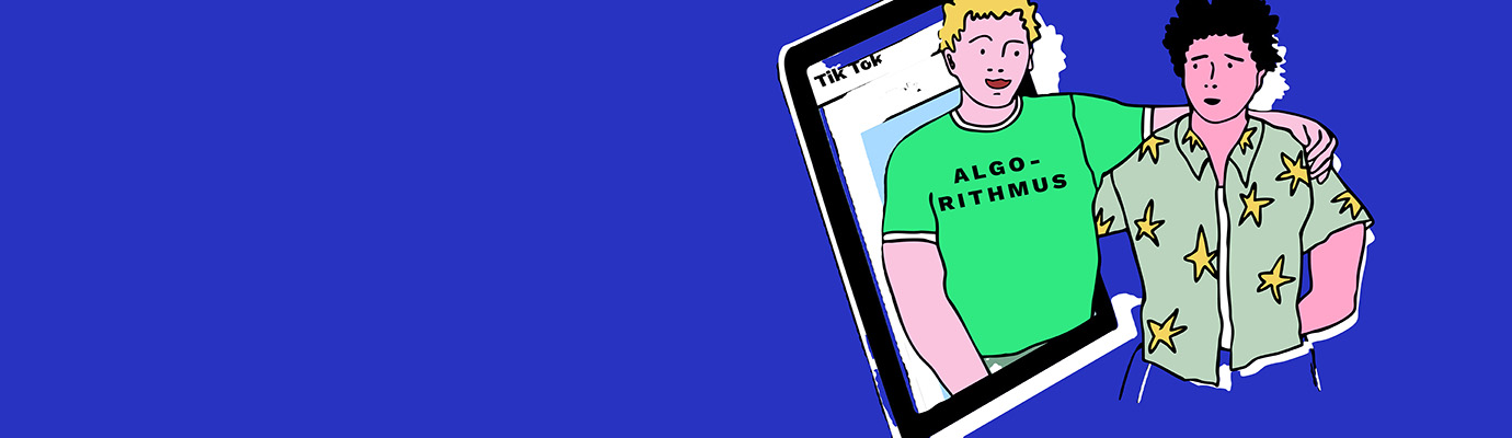 Illustration: ein Jugendlicher im Handy-Bildschirm und T-Shirt mit Aufdruck "Algorithmus" legt seinen Arm um einen Jugendlichen vor dem Bildschirm