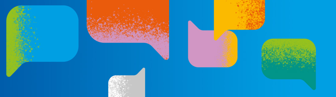 Several colorful speech bubbles in blue, orange, pink, yellow, white, and green on a blue backdrop.
