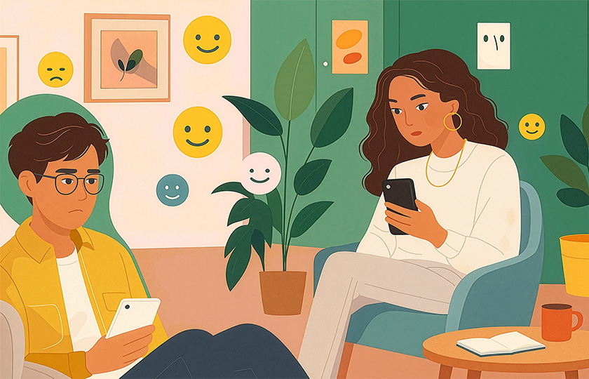 Illustration zweier Jugendlicher, die im Wohnzimmer gegenüber sitzend auf ihr Handy blicken