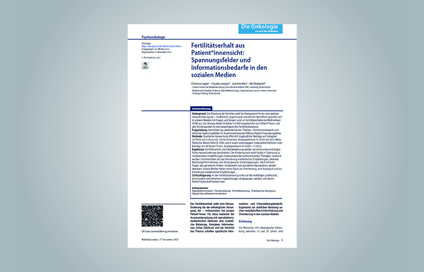 The cover of the article "Fertility Preservation from the Patient's Perspective: Areas of Conflict and Information Needs in Social Media," published in the journal Die Onkologie