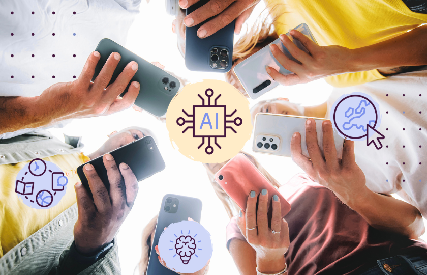 Mehrere Hände halten Smartphones, darüber stilisierte Symbole für KI, Uhr, Glühbirne und Weltkugel