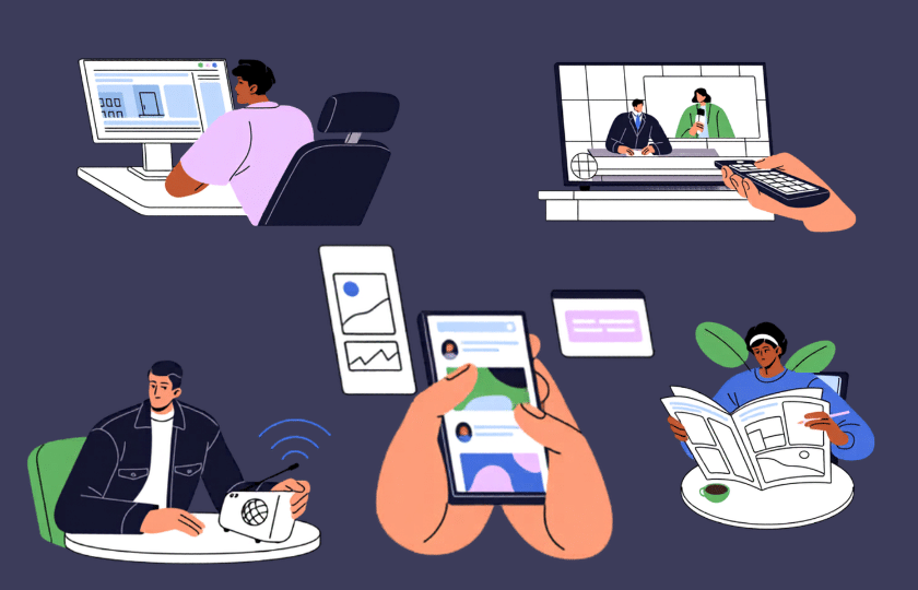 Illustration mehrerer Personen, die über das Smartphone, TV, Radio, Zeitungen und einen Computerbildschirm Nachrichten nutzen