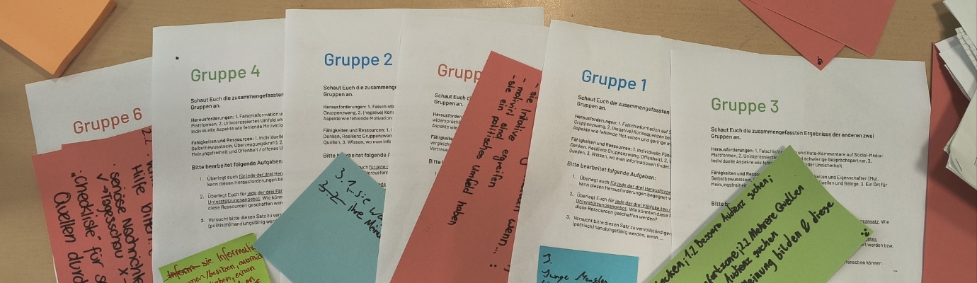 Blätter und bunte Zettel mit den Ergebnissen der Arbeiten von Gruppe 4, Gruppe 2 usw.