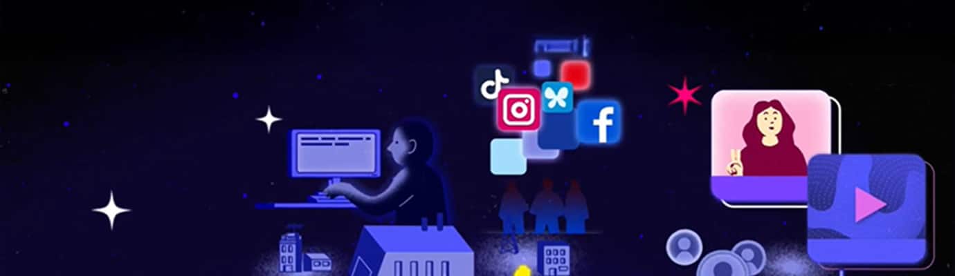 Illustration featuring platform logos. People in front of a screen, houses against a dark background