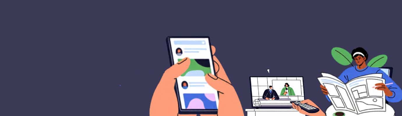 Illustration mehrerer Personen, die über das Smartphone, TV, Radio, Zeitungen und einen Computerbildschirm Nachrichten nutzen