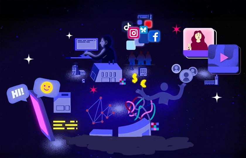Illustration mit Plattform-Logos. Menschen vorm Bildschirm, Häusern vor dunklem Grund