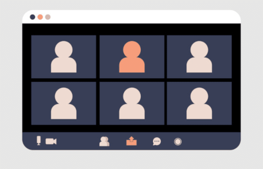 Illustration of a video conference with six participants arranged in a grid, with one participant highlighted in a different color.