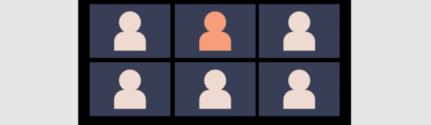 Six stylized figures in a video conference window with one figure highlighted in a different color and icons for microphone, camera, participants, chat, and more below.