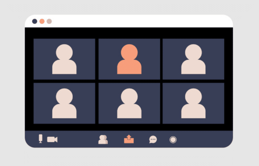 Six stylized figures in a video conference window with one figure highlighted in a different color and icons for microphone, camera, participants, chat, and more below.