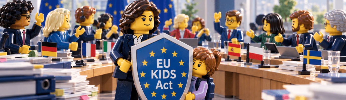 Lego-Figuren in einem Sitzungssaal mit EU-Flaggen im Hintergrund eine Figur hält ein Schild mit der Aufschrift 'EU KIDS Act'