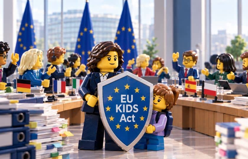 Lego-Figuren in einem Sitzungssaal mit EU-Flaggen im Hintergrund eine Figur hält ein Schild mit der Aufschrift 'EU KIDS Act'